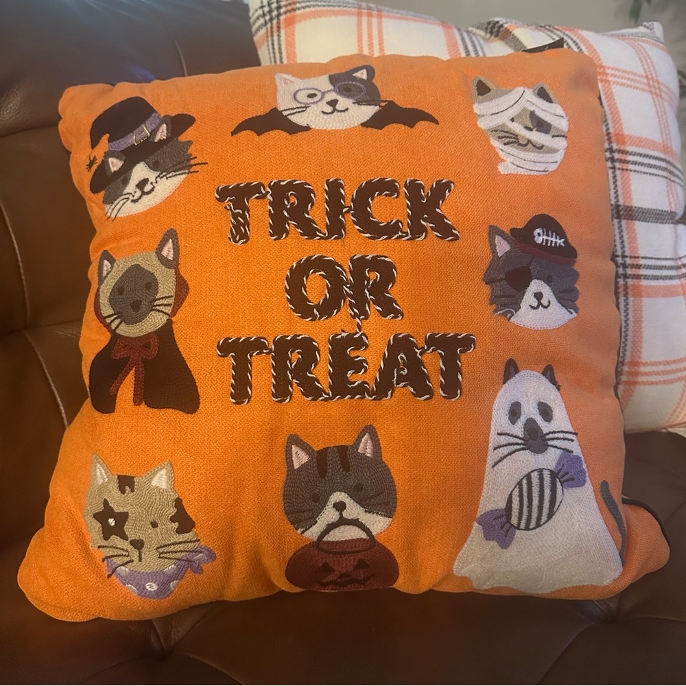 Orange Halloween Cat Costumes "Trick or Treat" Pillow